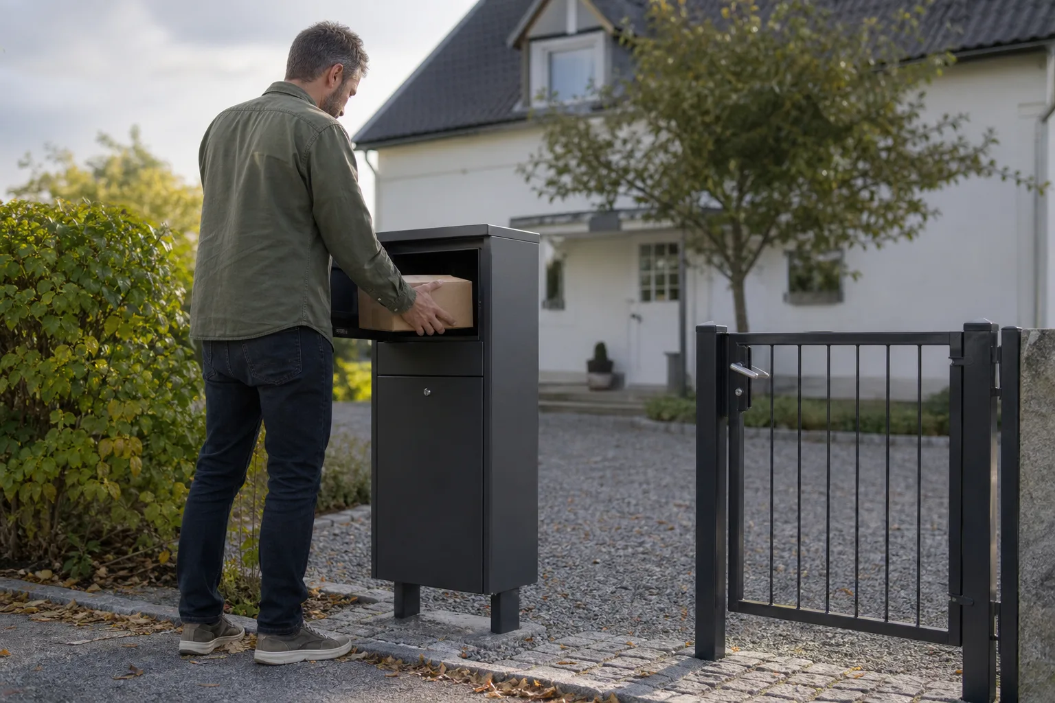 Närbild på ett vredlås som vrids på locket av en paketpostlåda utomhus