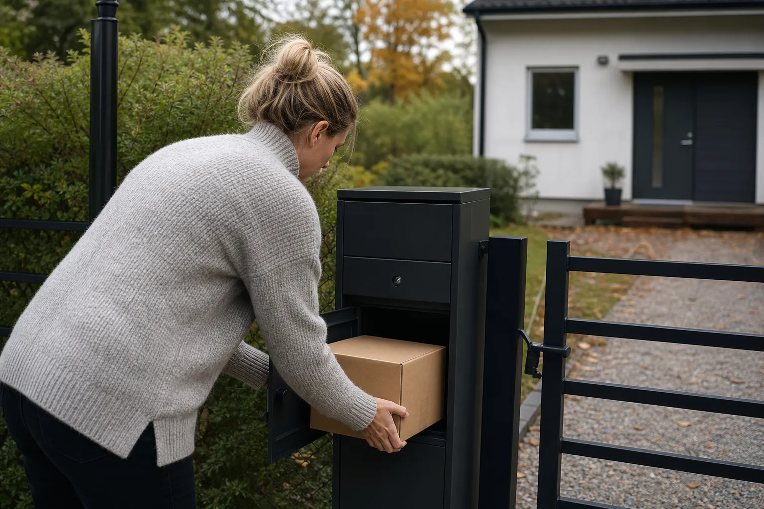 Två nycklar hänger på en nyckelring bredvid en paketpostlådas låscylinder