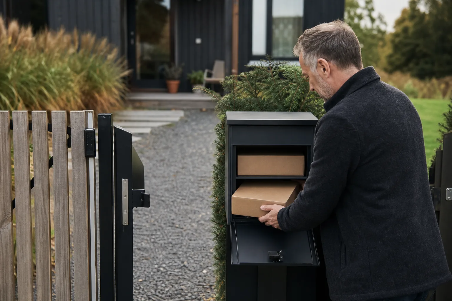Ett bud skjuter in ett paket genom en smal inkastlucka på en paketpostlåda vid en svensk villa