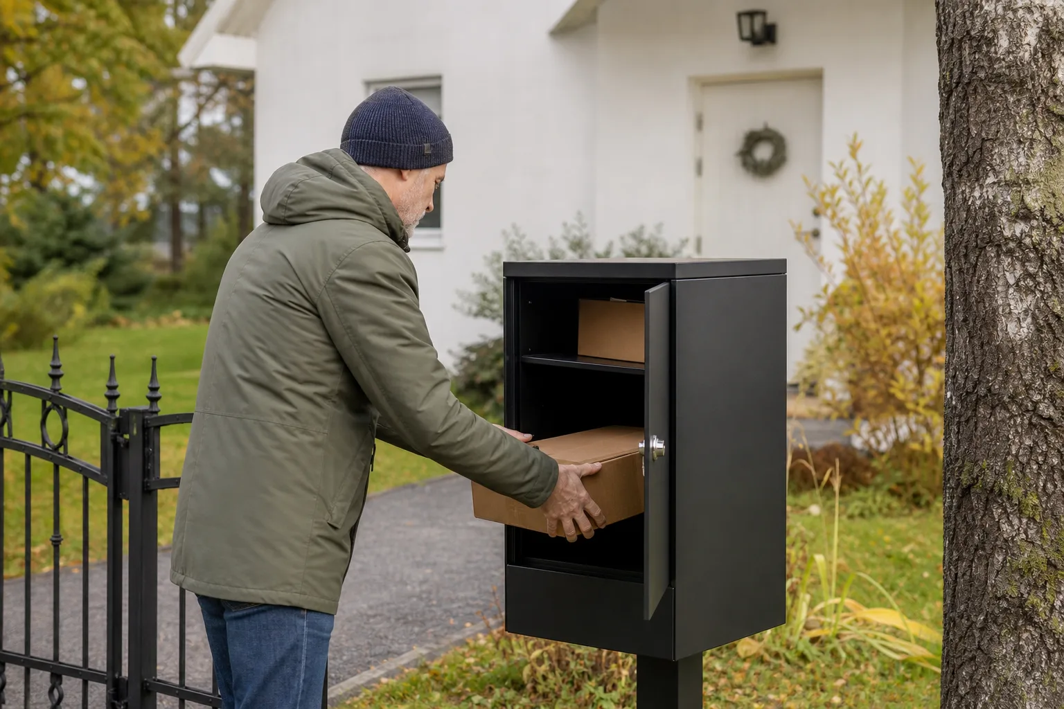 En person öppnar den bakre luckan på en paketpostlåda från gårdssidan av huset