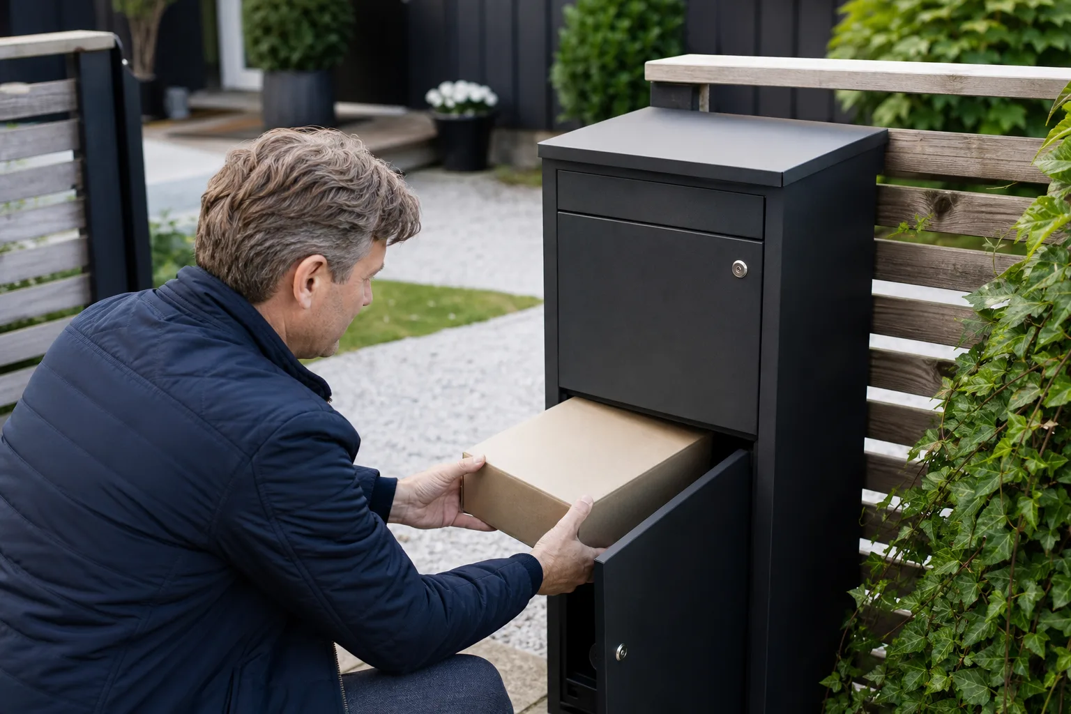 Närbild på en kraftig stålpaketpostlåda fast förankrad mot en husvägg