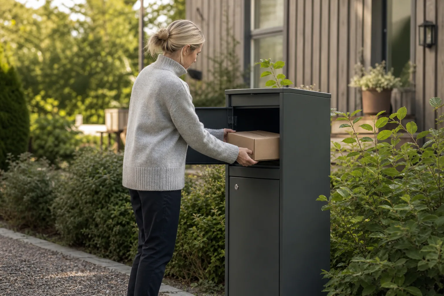 En person läser en leveransavisering på mobilen framför en paketpostlåda utanför sitt hus