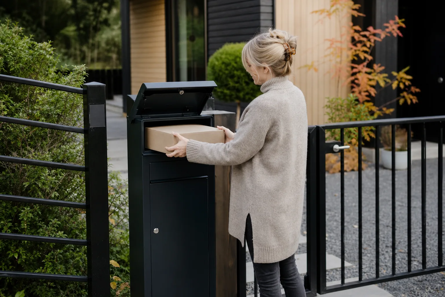 En stor paketpostlåda vid en villaentré med flera kartonger staplade bredvid en cykel och leksaker