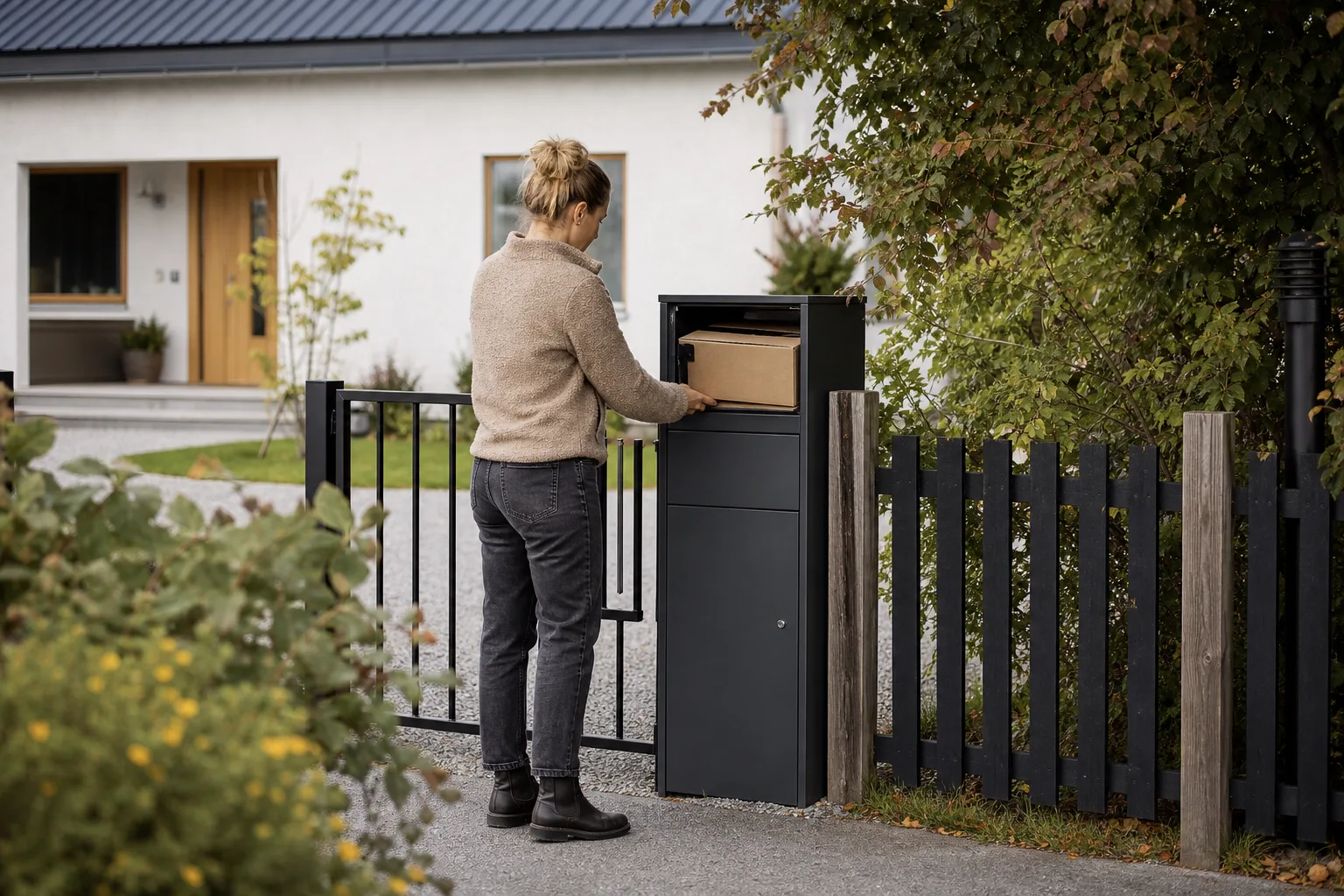 En fristående paketpostlåda vid grinden till ett svenskt fritidshus omgivet av skog