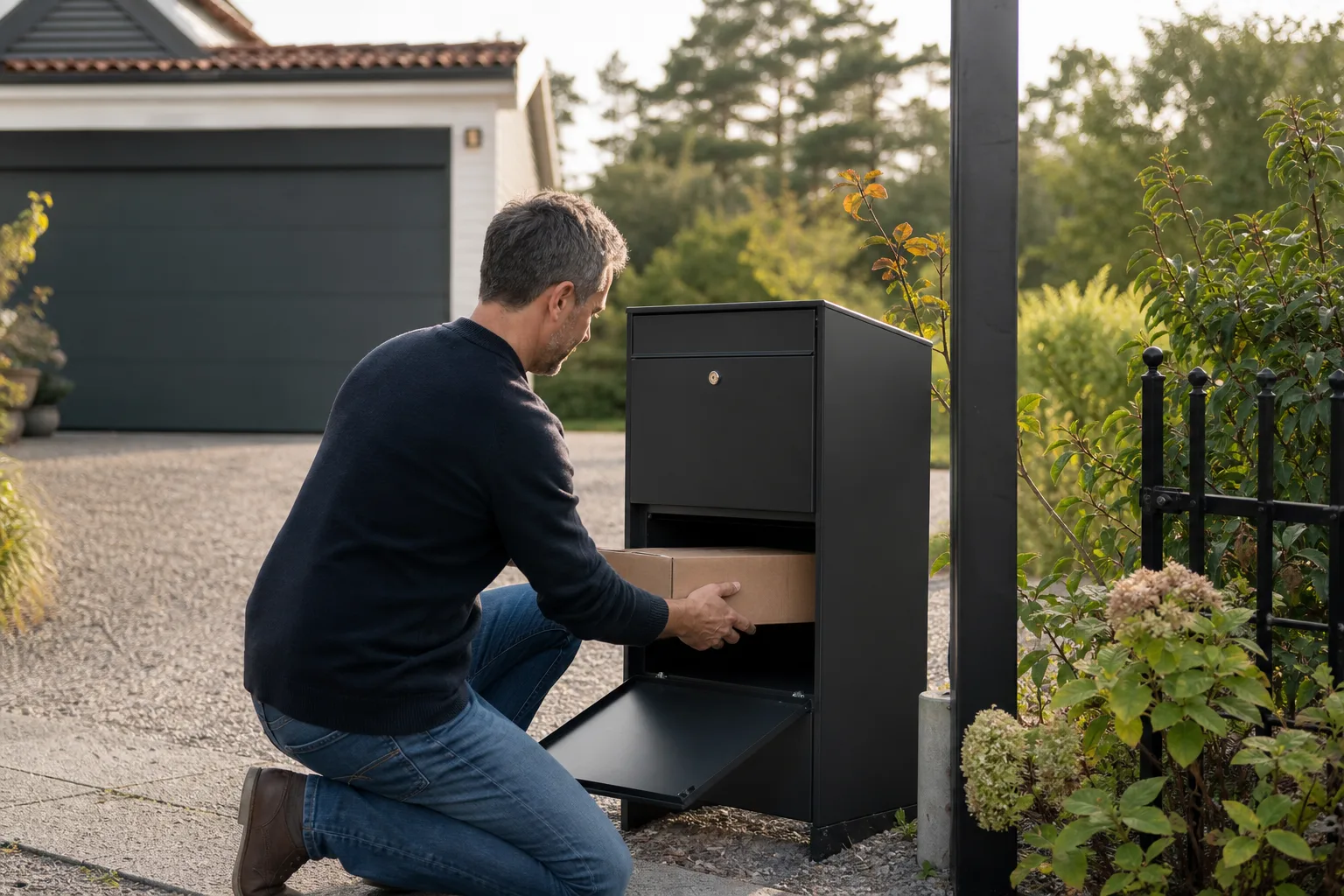 Villa, radhus och fritidshus i rad en svensk sommardag, varje hus med en egen paketpostlåda vid infarten