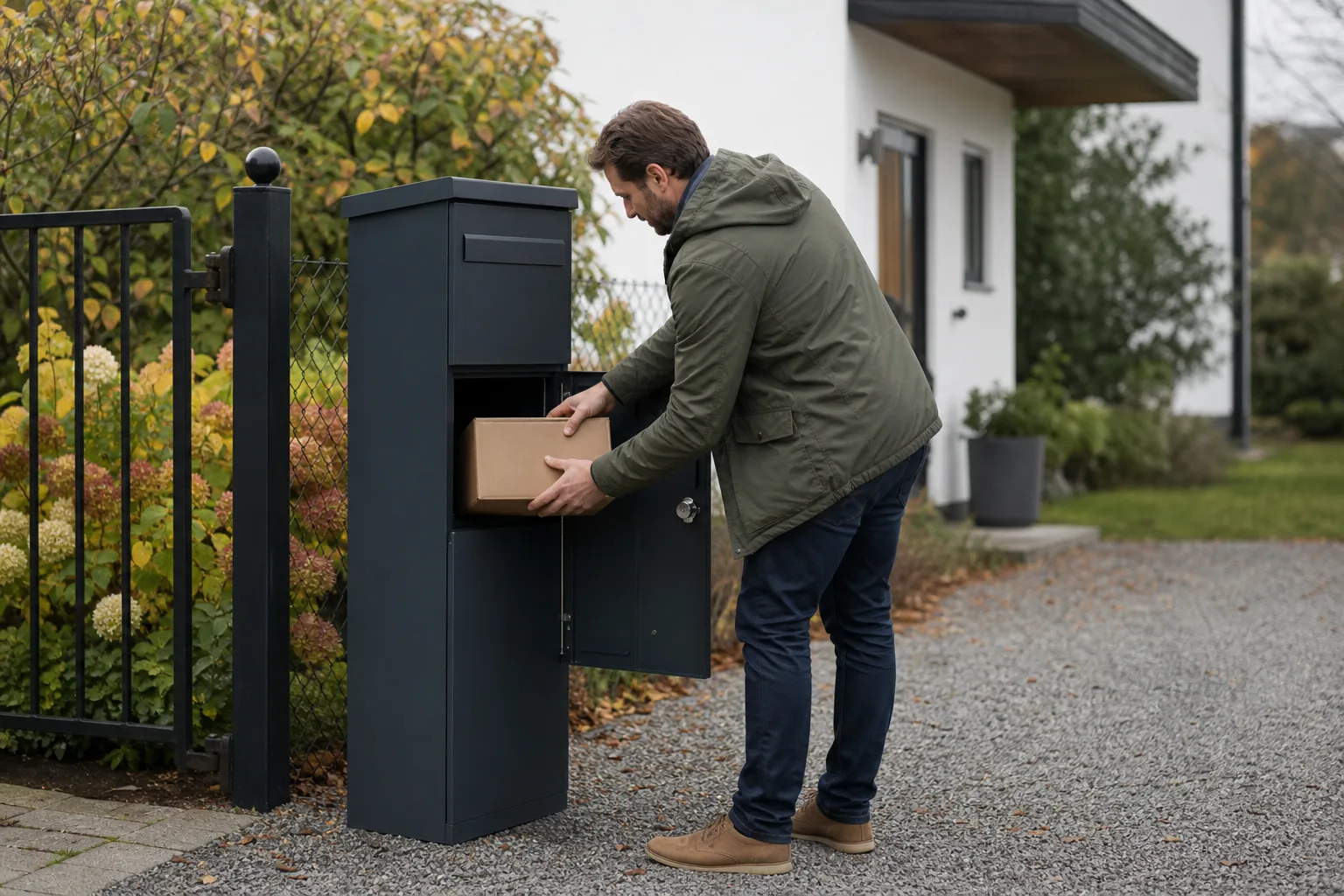 En smal paketpostlåda vid en radhusentré med gångväg och gemensam häck i bakgrunden