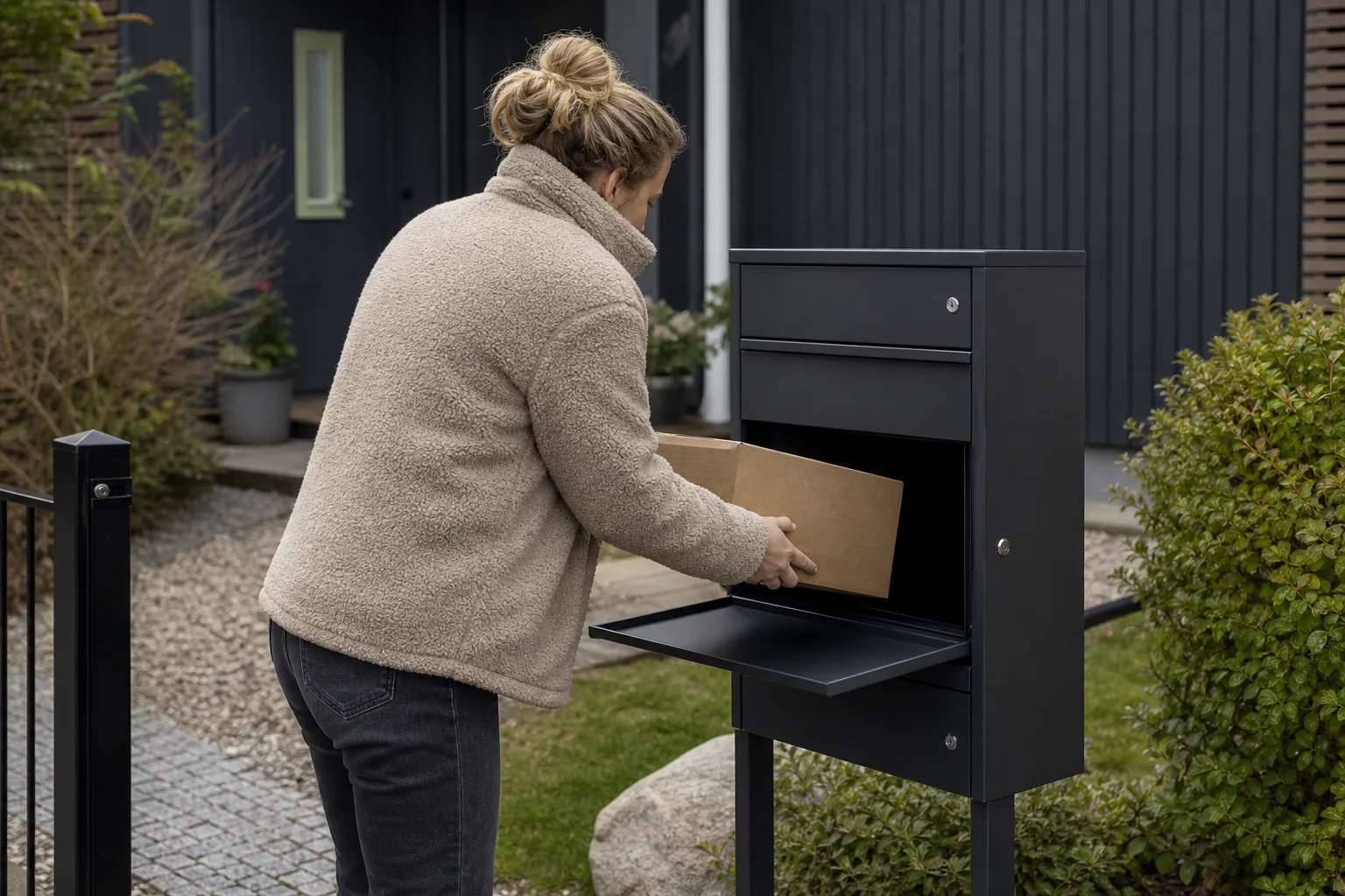 Ett litet paket och några brev läggs ner i inkastet på en kompakt paketpostlåda