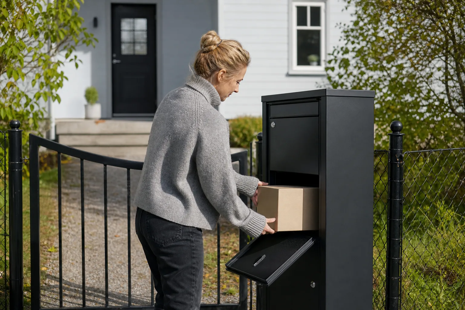 En stor bred kartong hålls upp mot öppningen på en paketpostlåda för att testa om den får plats