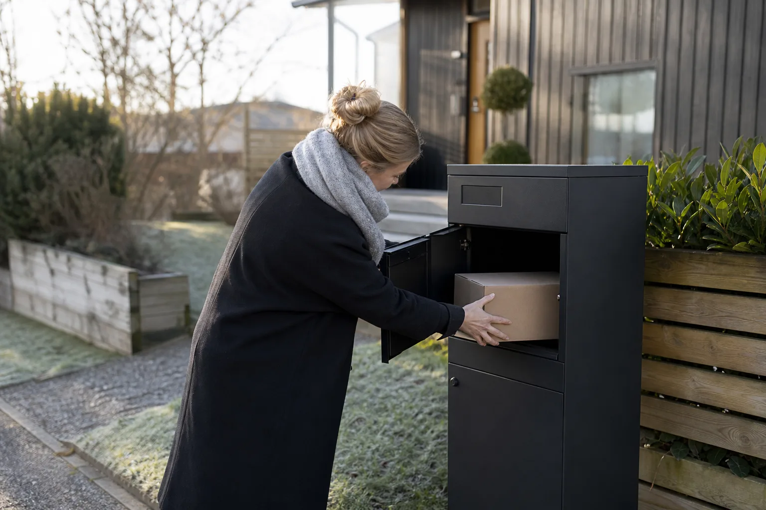 En paketpostlåda på stolpe vid infarten till en svensk villa en tidig morgon